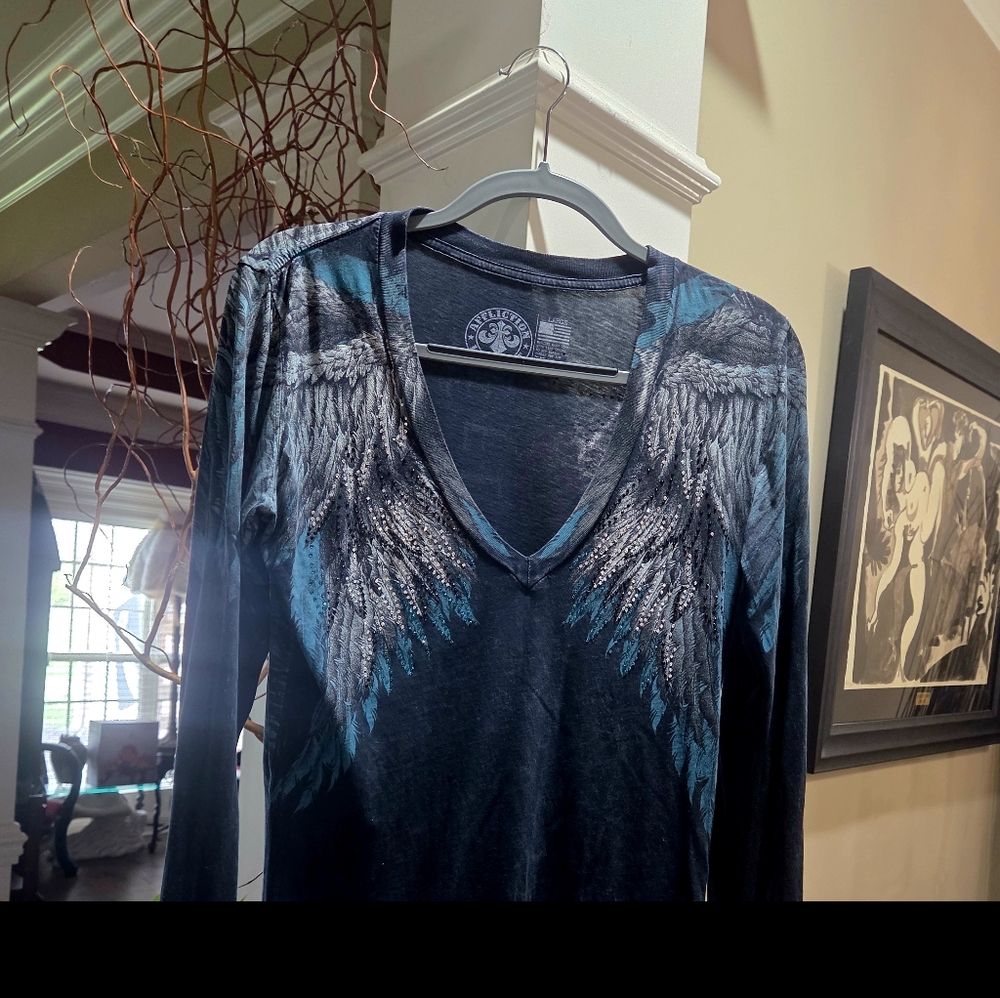 Affliction Black and Blue Angel Wing Long Sleeve Top